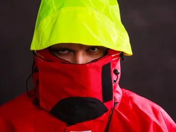 Brightly colored rain jacket close-up