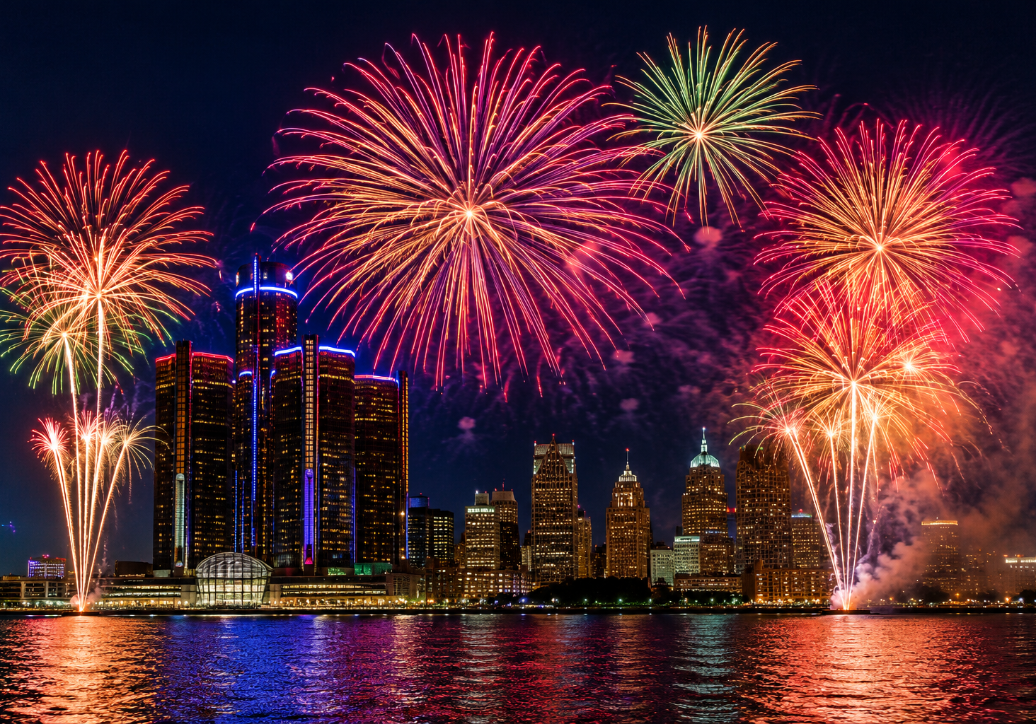 Colorful Ford Fireworks explode above the Detroit skyline, reflecting across the Detroit River during one of the city's signature summer events.